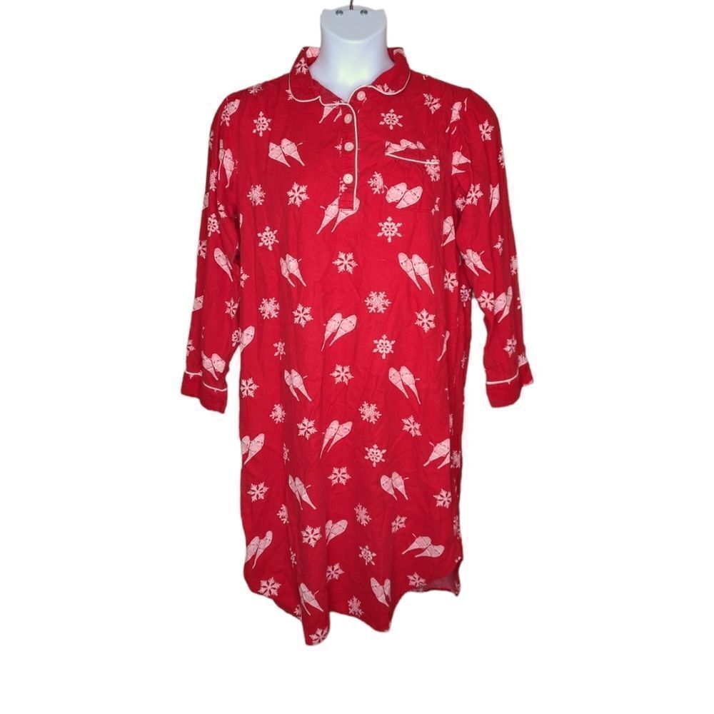 LAND'S END red snowshoe flannel long‎ sleeve sleep shirt nightgown M